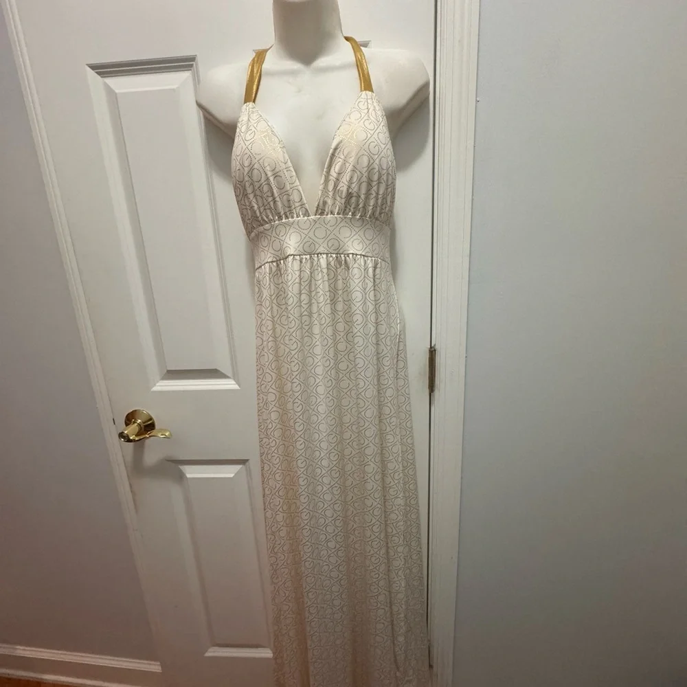 Coogi signature medium maxi halter dress white and gold